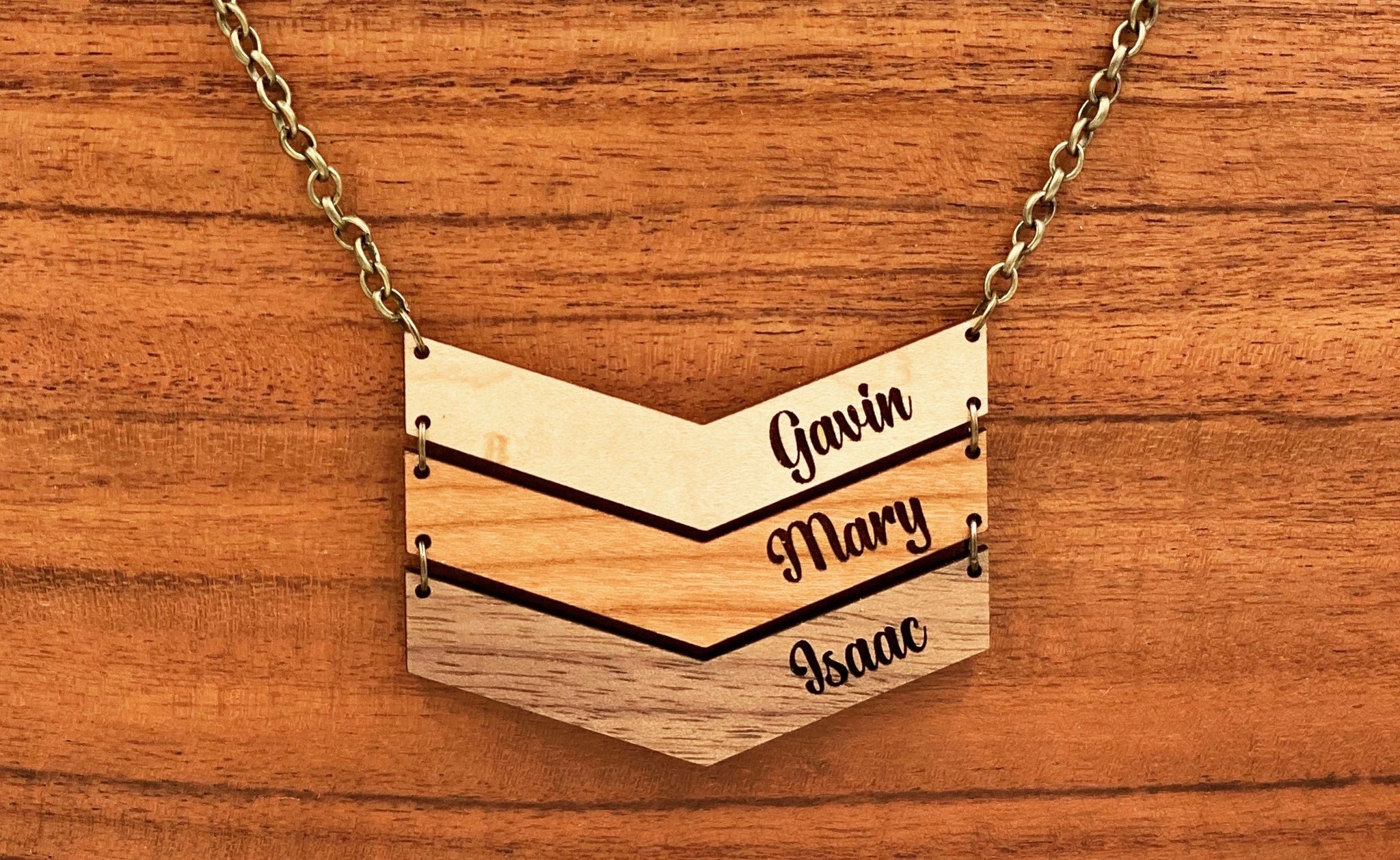 Wood Chevron Engraved Necklace
